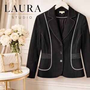 NWT Laura Studio Linen Blend Blazer Black White Piping Tailored Career Jacket